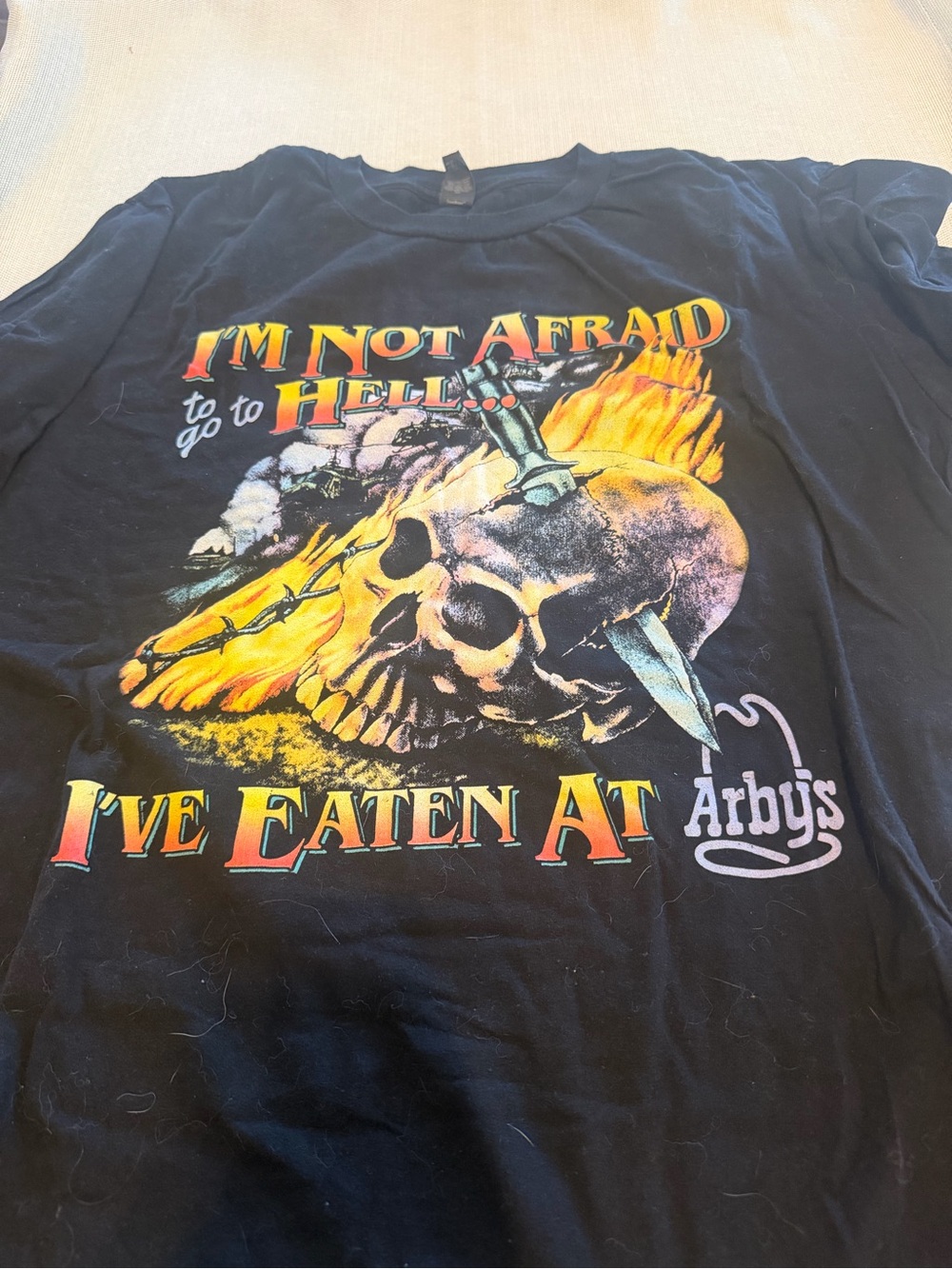 (Arby’s) Anvil Black Graphic Tee with Yellow & Orange Skull Print